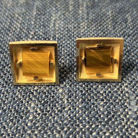 Dante Cufflink Set Men's Gold Tone And Tigereye Vintage - Picture 1 of 6